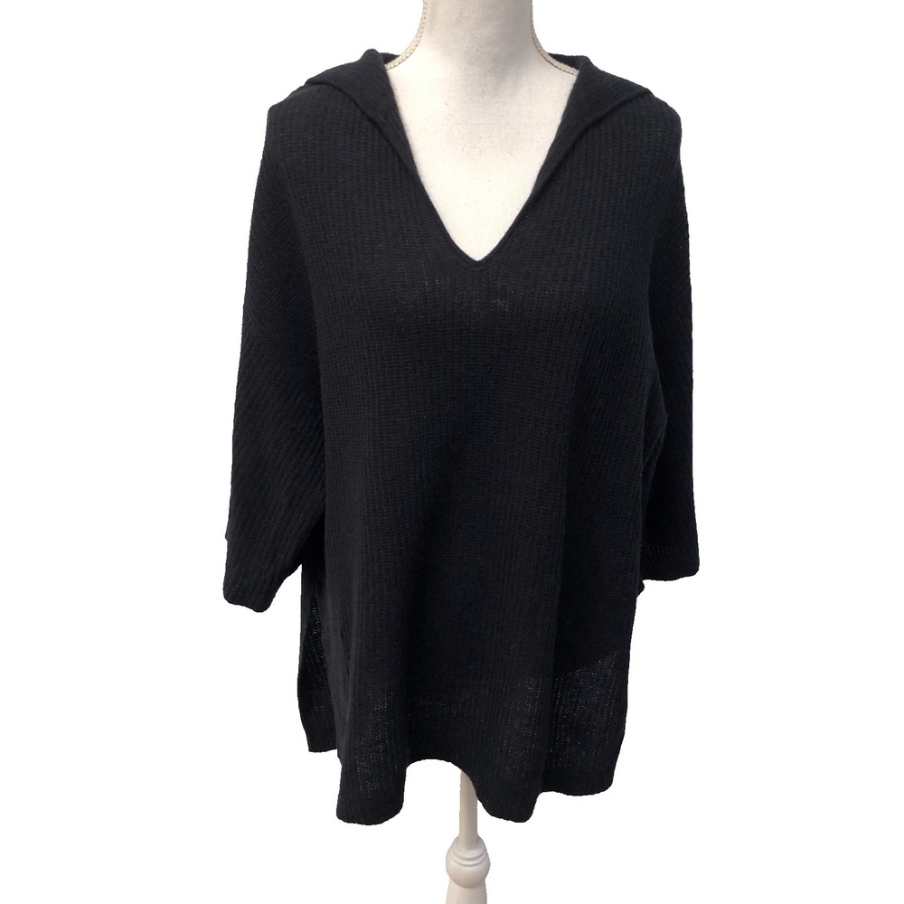 Halogen Cashmere Sweater Jumper Womens One Size Hooded V Neck Black 3/4β Sleeve